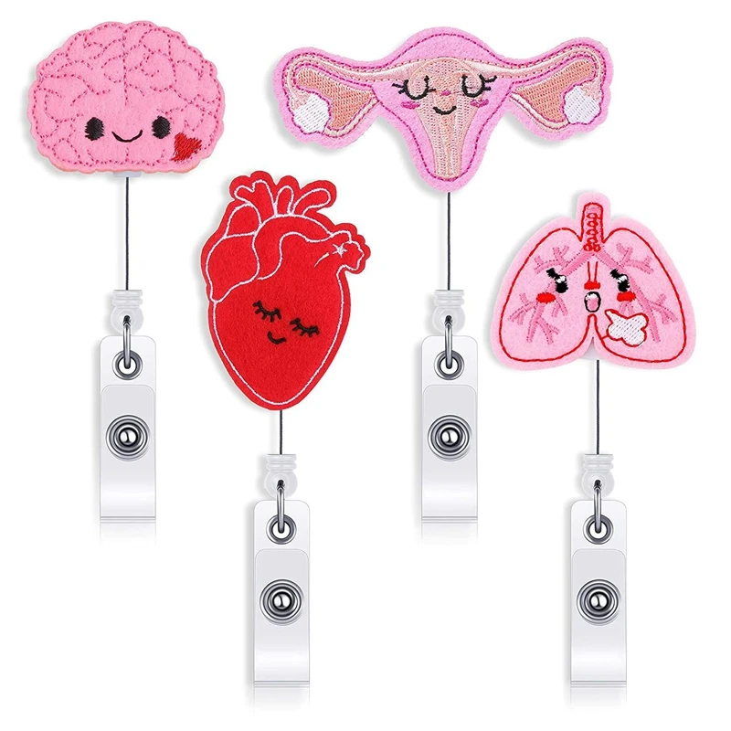 

4 PCS Badge Reel Holder Retractable Cute Badge Clip Felt Uterus Lung Heart Brain Badge Alligator Clip For Nurse