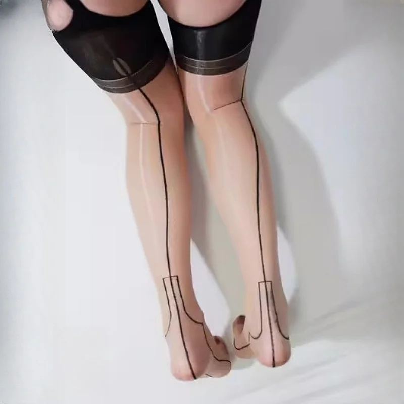 Lolita Sommer-Overknee-Strümpfe, hohe elastische fußförmige lange Socken für Frauen, ölglänzende Nylon-Strumpfwaren mit Rückennaht für Strumpfbänder