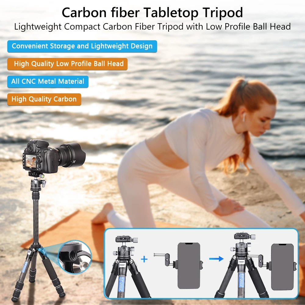 Phone Tripod Phone Tripod Stand Camera Tripod Mini Tripod Kit VT223C + TH28 Carbon Fiber Mini Lightweight Compact Tabletop Tripod with Magic Arm and Phone Clip for Mobile Phone Camera DSLR
