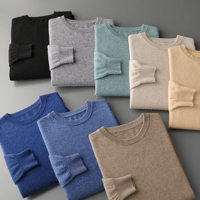 Spring and Autumn New Men's Round Neck Long Sleeve 100% Cashmere Sweater Knitted Pullover Solid Color Top Casual Office