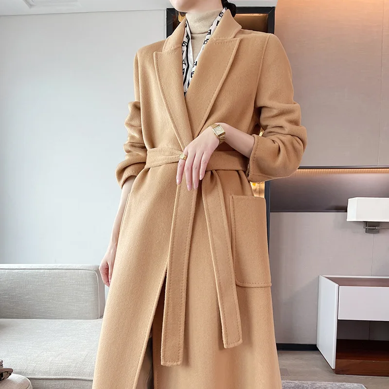 

2023 High-end Cashmere Coat Women Long Camel Casual Wool Coat Female Winter Black Lace-up Coat Autumn Purple Temperament Commuti