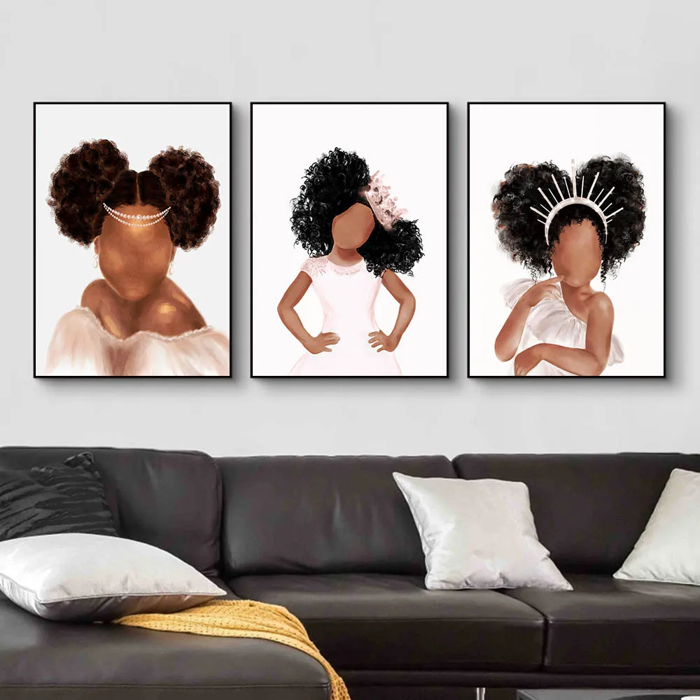 

African Little Princess Boho Sun Rainbow Painting Canvas Print Abstract Wall Art Poster for Girl Living Room Home Decor Cuadros