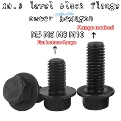 Black Alloy Steel Hexagon Flange Screws with Serrated Edges - Grade 10.9 - M10x50mm - 3pcs (Flat Bottom Flange)