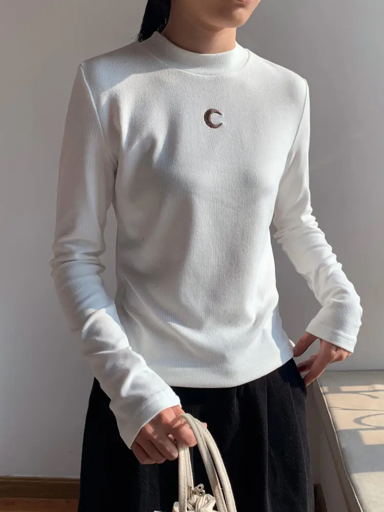 Women's Long Sleeve Tshirt Semi High Neck Moon Embroidery Casual Korean Fashion Base Top Solid Color Versatile Inner Spring New