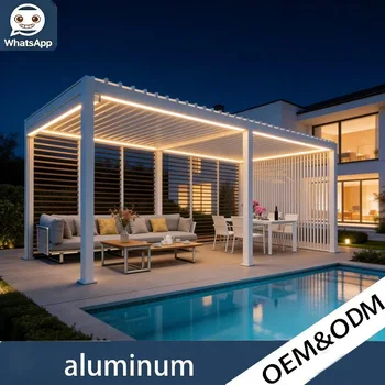 Pergola Moderna in Alluminio per Esterni, Resistente alle Intemperie, con Tetto a Lamelle Regolabili, Dotata di Luce LED e Lamelle per la Privacy