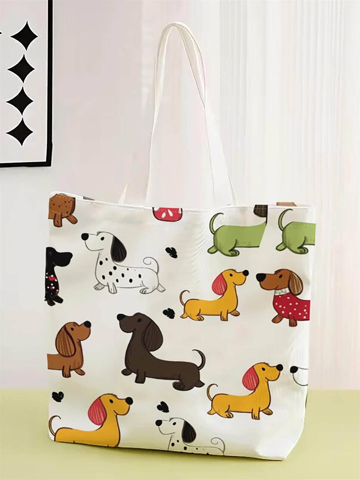 1 piece, cartoon dog pattern handbag, reusable fashionable handbag, multifunctional handbag, printed canvas shopping bag