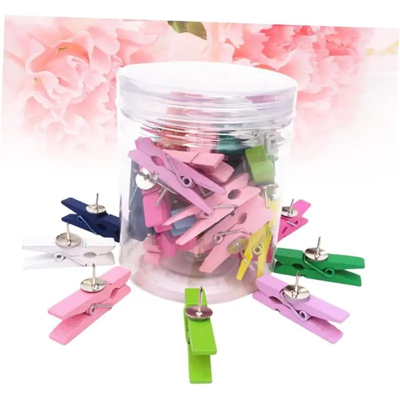 GW-50개 나무 푸시핀 및 압정 장 공예 종이 클립 (메모, 사진, 코르크보드용) 랜덤 색상