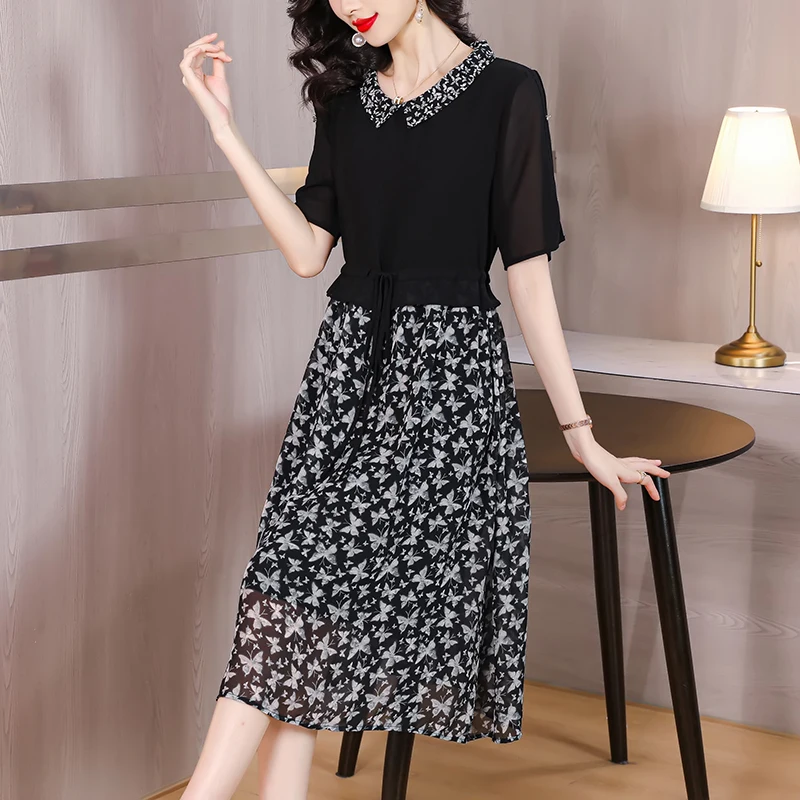 

2023 New Fashion Silk Printed Dress Women's Summer Doll Neck Short Sleeve Waist Shrinking Party Dress Vestidos
