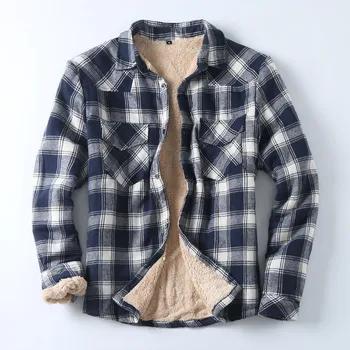Men Plaid Shirts Coat Autumn Winter Fleece Shirt Jacket Casual Turn-Down Collar Long Sleeve Loose Shirt 2