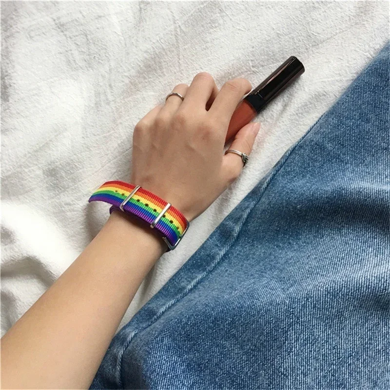 Delysia King Unisex Trendy Rainbow Couple Bracelet Simplicity Temperament Multicolor Wrist Band Birthday Present metal bracelet