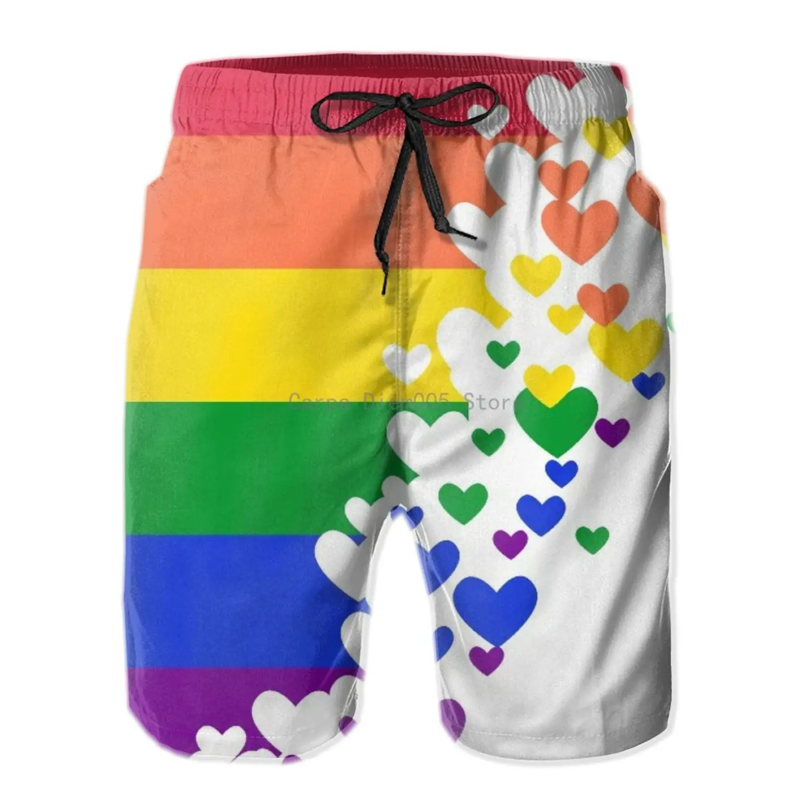 Pride Rainbow Colored Love Hearts Mens Swim Trunks Quick Dry Beach Board Shorts Swimwear Suits 4