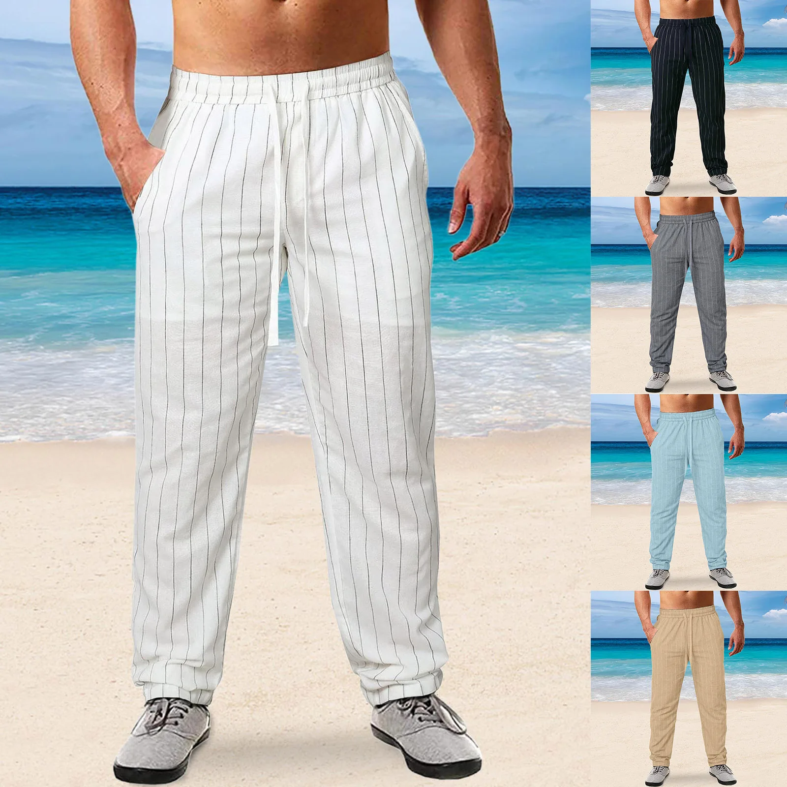 

Straight-leg Men Casual Trousers Striped Print Long Pants Drawstring Elastic Waist Loose Straight Pant Pockets Summer Streetwear