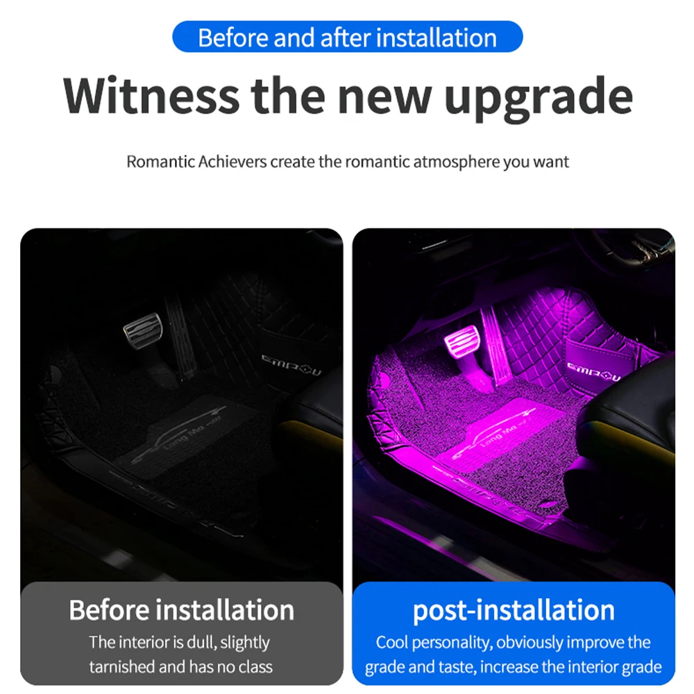 🌈 LED Car Interior Ambient Foot Strip Lighting Kit — RGB Backlight with Remote & App Control 🌈 3