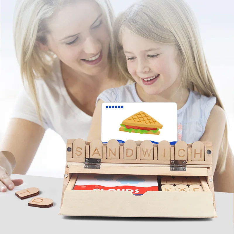 Wooden English word card matching magic box popular children's early education puzzle cartoon animal spelling toy 2