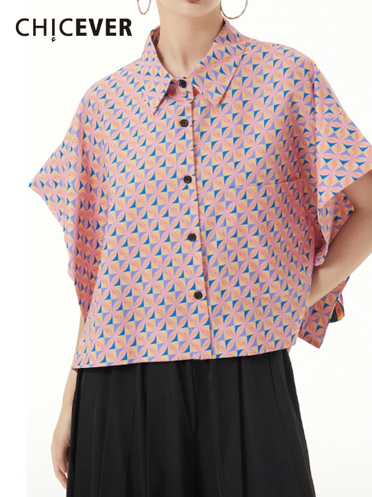 

CHICEVER Printing Shirts For Women Lapel Short Sleeve Single Breasted Loose Folds Colorblock Summer Casual Blouse Female 2023