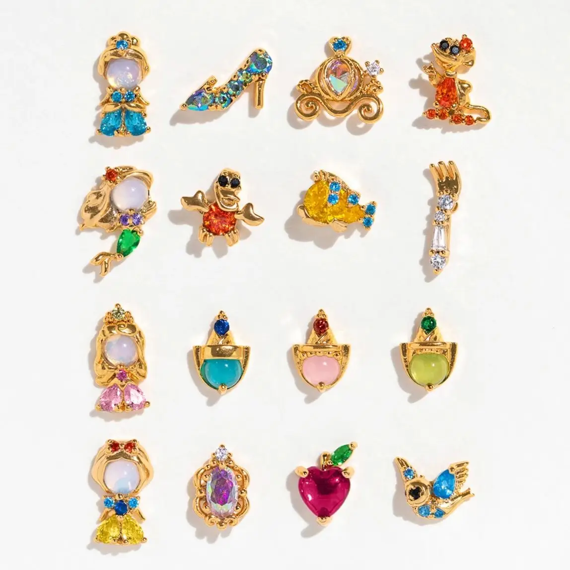 Earrings Set Cute Cartoon Princess for Women Girl Vintage Colorful Zircon Stud Jewelry Gift