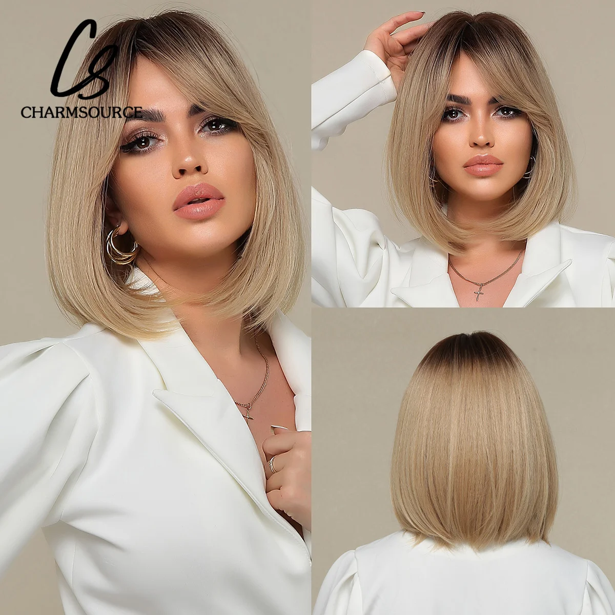 

CharmSource Short Synthetic Wigs Ombre Brown Blonde Hair Wavy Wig for Women Daily Party High Density