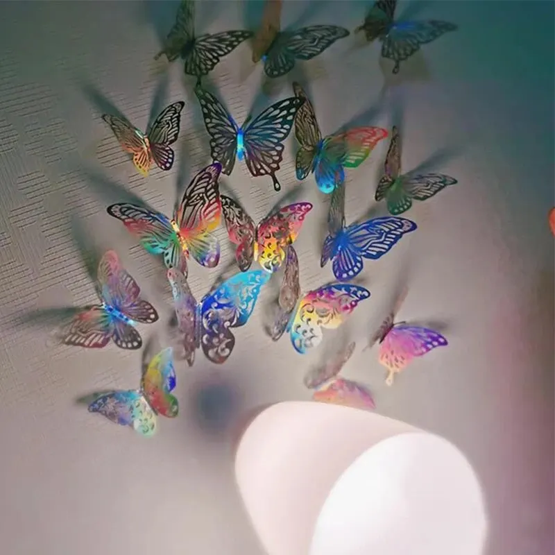 12Pcs 3D Hollow Butterfly Pet Plastic Laminated Paper Skeleton Butterfly Wall Sticker Background Home Decoration Event Wedding