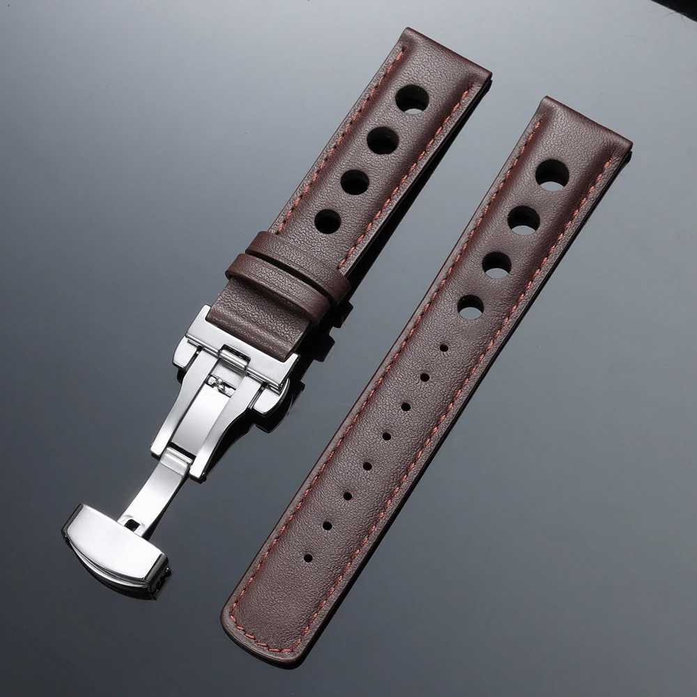 Vintage Genuine Leather Watchband with Butterfly Clasp - Fashionable 20mm Cowhide Strap