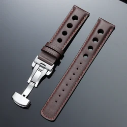 Vintage Genuine Leather Watchband with Butterfly Clasp - Fashionable 20mm Cowhide Strap - Black Buckle (Brown)