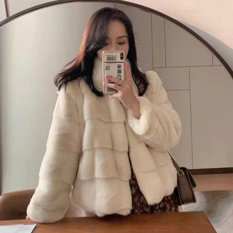 Fall Winter Faux Fur Coat Women Warm Thick Crop Jacket Korean Fashion Long Sleeve Loose Flurry Coat Loose Stand Collar Outwear