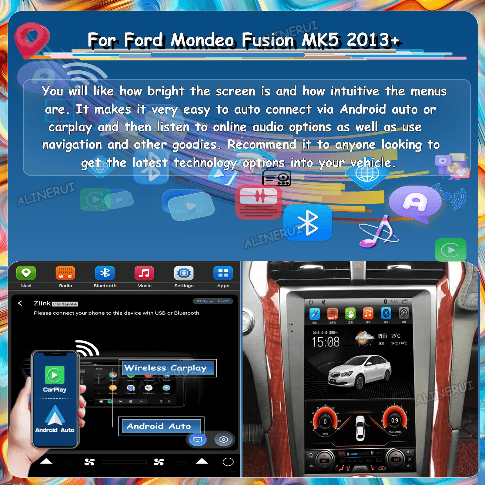 

Автомобильный беспроводной Carplay Android 13 экран для Ford Mondeo Fusion MK5 2013 + Bluetooth радио GPS центральный мультимедийный плеер 1 Din блок