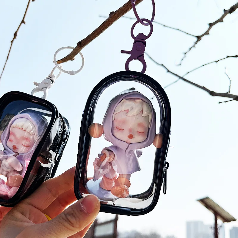 Borsa di presentazione con personaggi trasparenti con portachiavi | Borse portaoggetti portatili per esporre i personaggi – Sacchetto vuoto trasparente con chiusura lampo in cotone