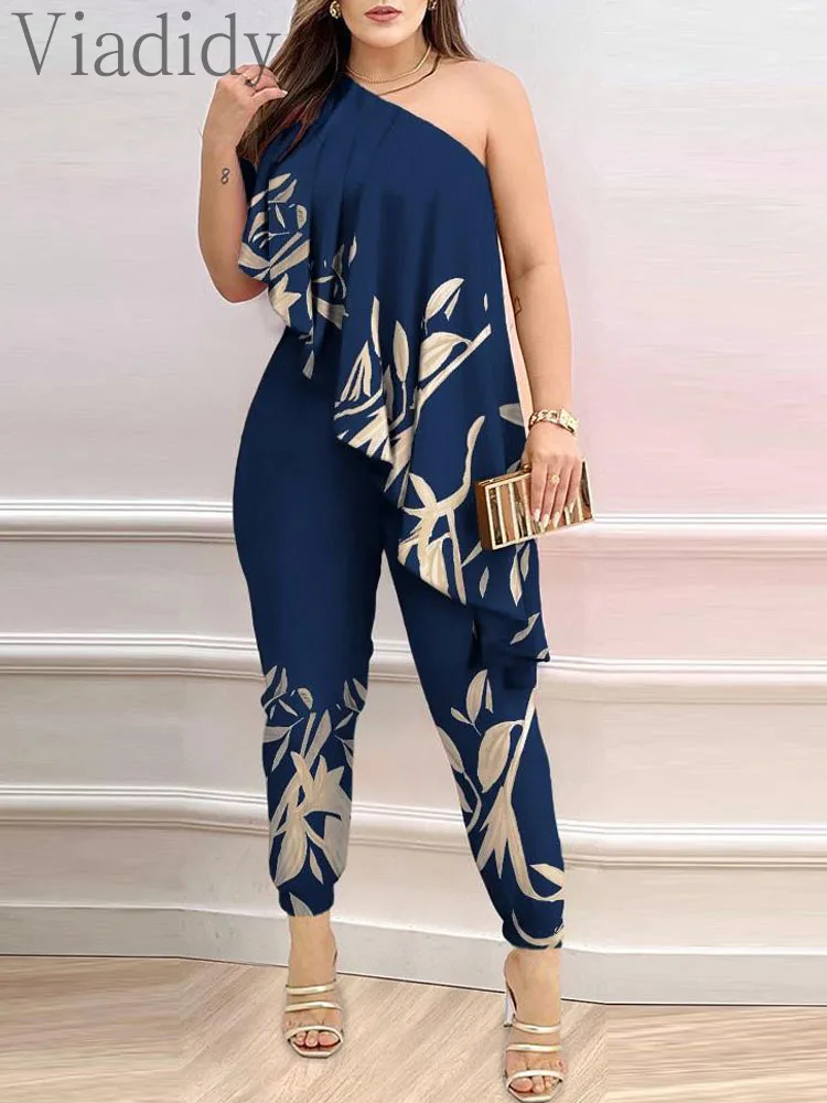 

One Shoulder Asymmetrical Ruffles Design Straight Jumpsuit