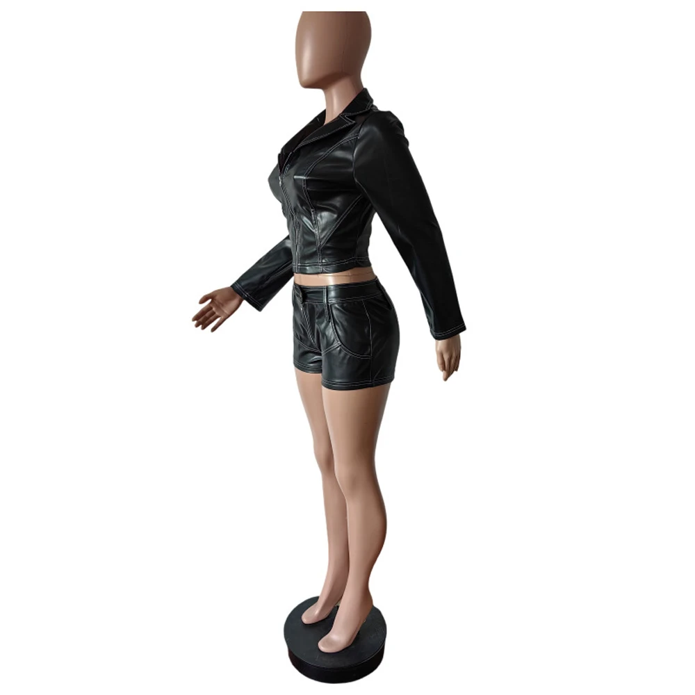 Y2k Punk Sexy Schwarz PU Leder Outfits Frauen Kontrast Genähte Jacke und Biker Shorts Sets Streetwear Nacht 2-teiliges Kurzes Set – Detail 7