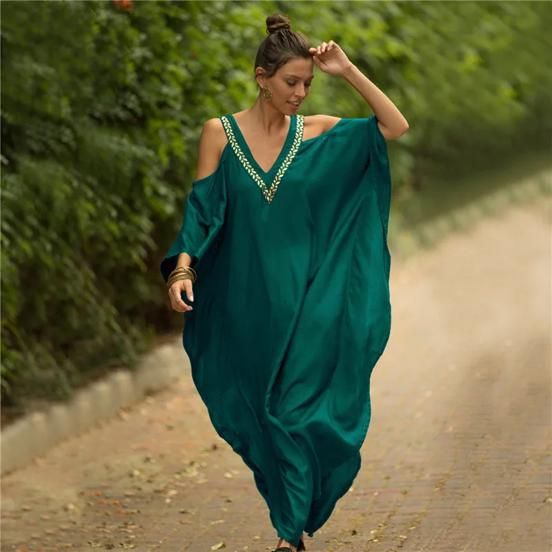 Kaftan Dresses Swimsuit Cover Up Maxi Dress Beach Wear Turkish Cold Shoulder Beach Outifits Summer Vacation 4