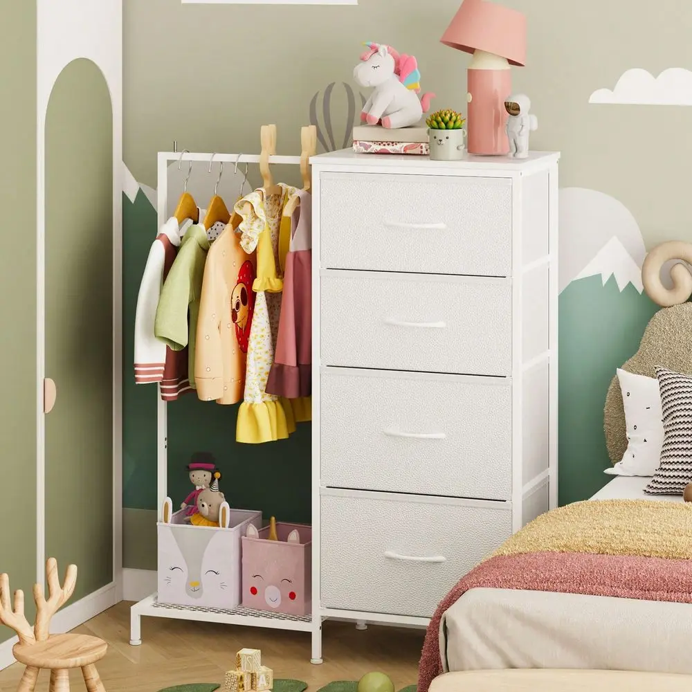 Kids Dresser With Clothes Rack, 4 Fabric Drawers Wooden Top Childrens Storage Organizer For Bedroom, Closet, Nursery Furniture W