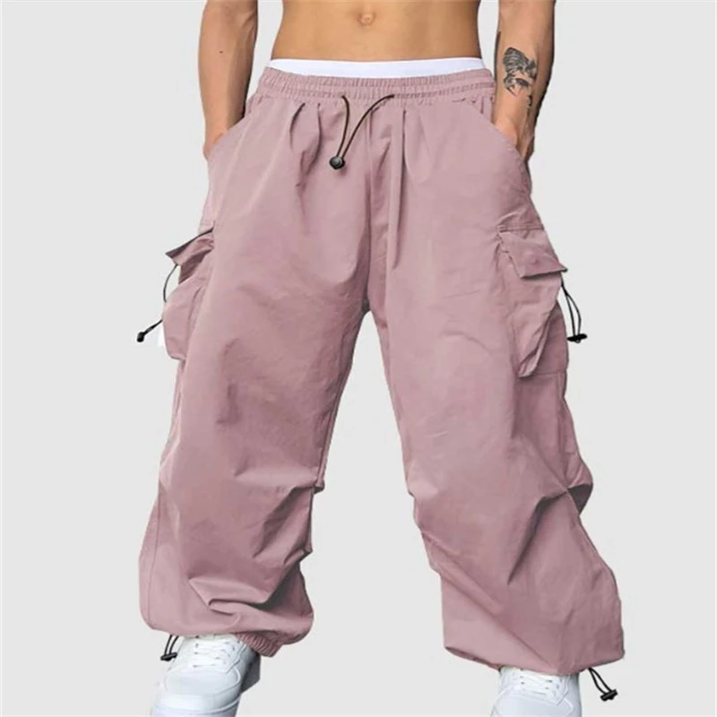 

2024 Casual Men's Trousers Fashion Stitching Pockets Baggy Pants Men Clothing Spring Summer Mid Waist Drawstring Cargo Pant