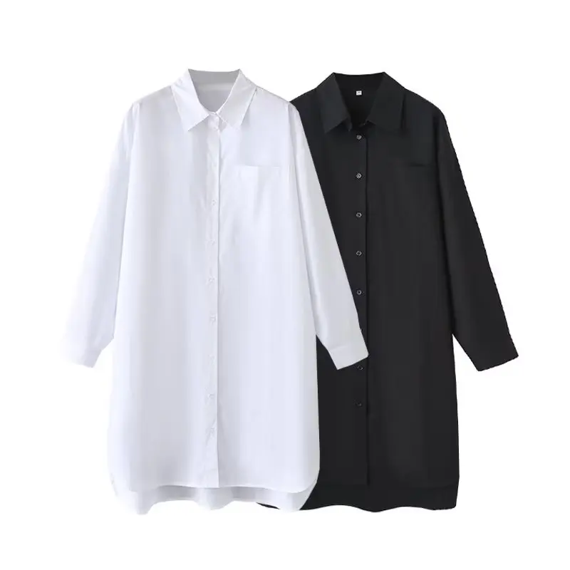

Women New Fashion Pocket decoration Loose Long style Asymmetric Blouses Vintage Long Sleeve Button-up Female Shirts Chic Tops