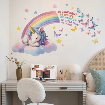 Autocollant mural licorne en vinyle pour enfant, décoration de chambre de bébé, accessoires de chambre à coucher, autocollant de meubles, papier peint adhésif, décoration murale 1