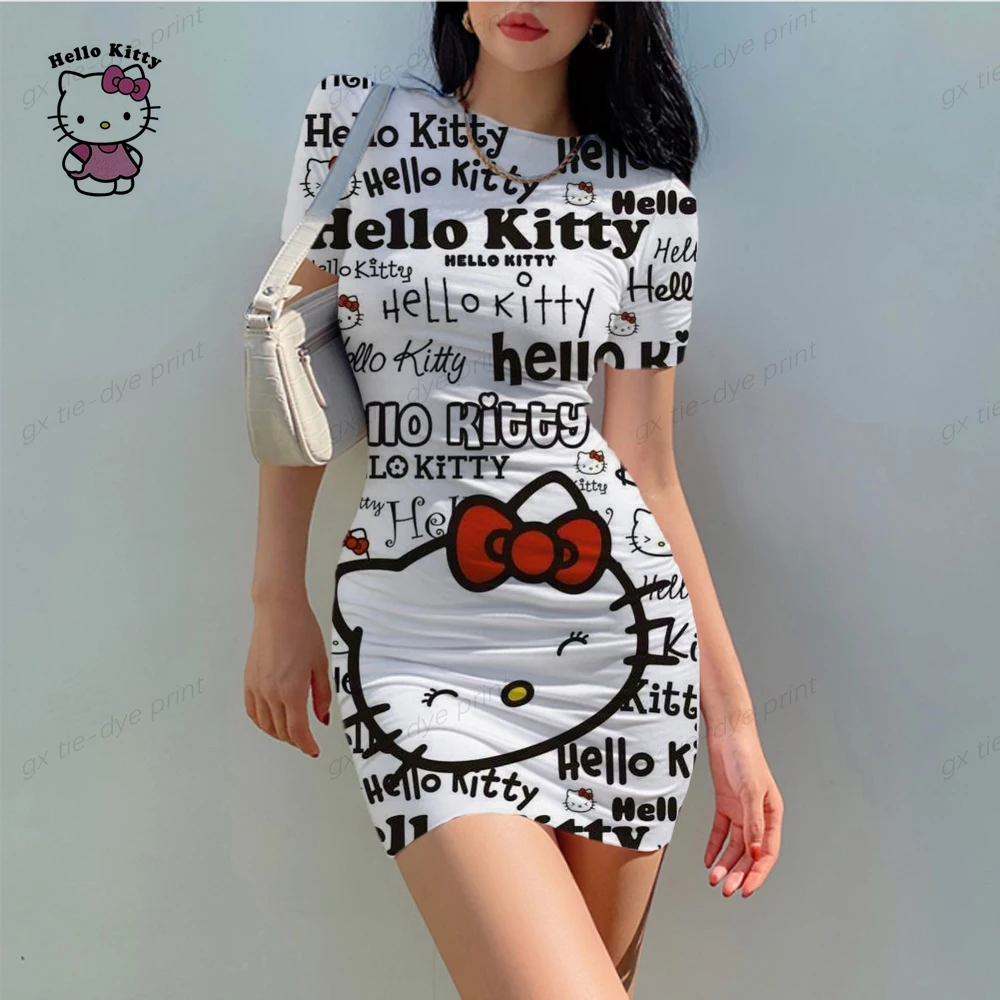 

Женское летнее платье с коротким рукавом и принтом Hello Kitty, Элегантное повседневное женское модное мини-платье с мультипликационным принтом, y2k, 2023