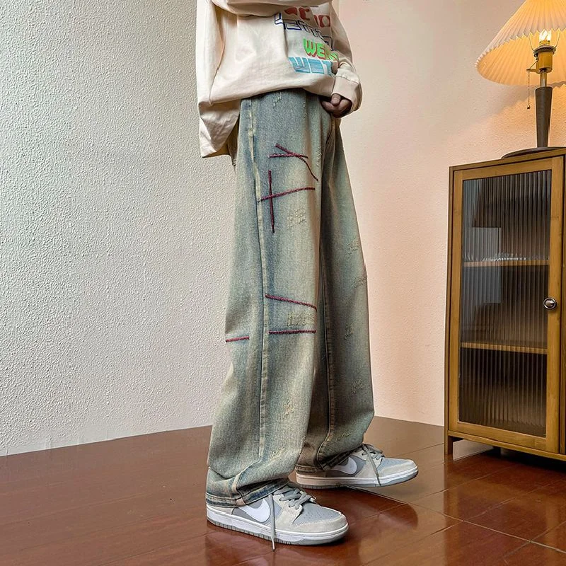

EOENKKY/ Y2k Blue Jeans Men Loose Straight Leg Long Pants Streetwear Baggy Denim Clothing Graphic Streetwear