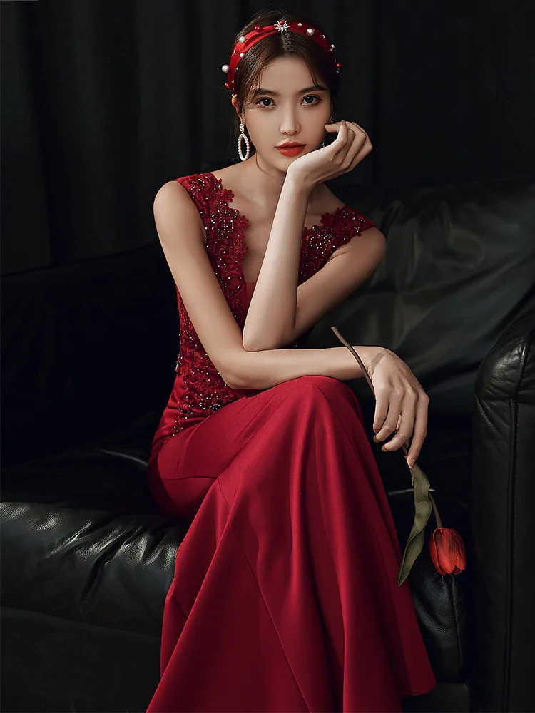 

Chinese Mermaid Wedding Dress Women Long Prom Dress Deep V Neck Evening Dress Sexy Party Maxi Dress Elegant Robe Satin