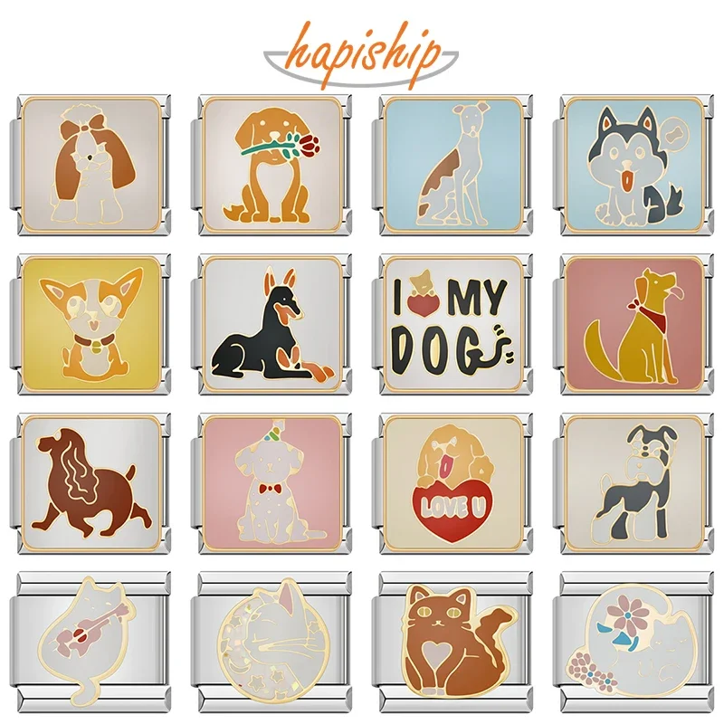 Hapiship 2024 moda nuevas mujeres lindo perro gato italiano encanto enlaces ajuste 9mm pulsera de acero inoxidable hacer joyería DIY DJ1346