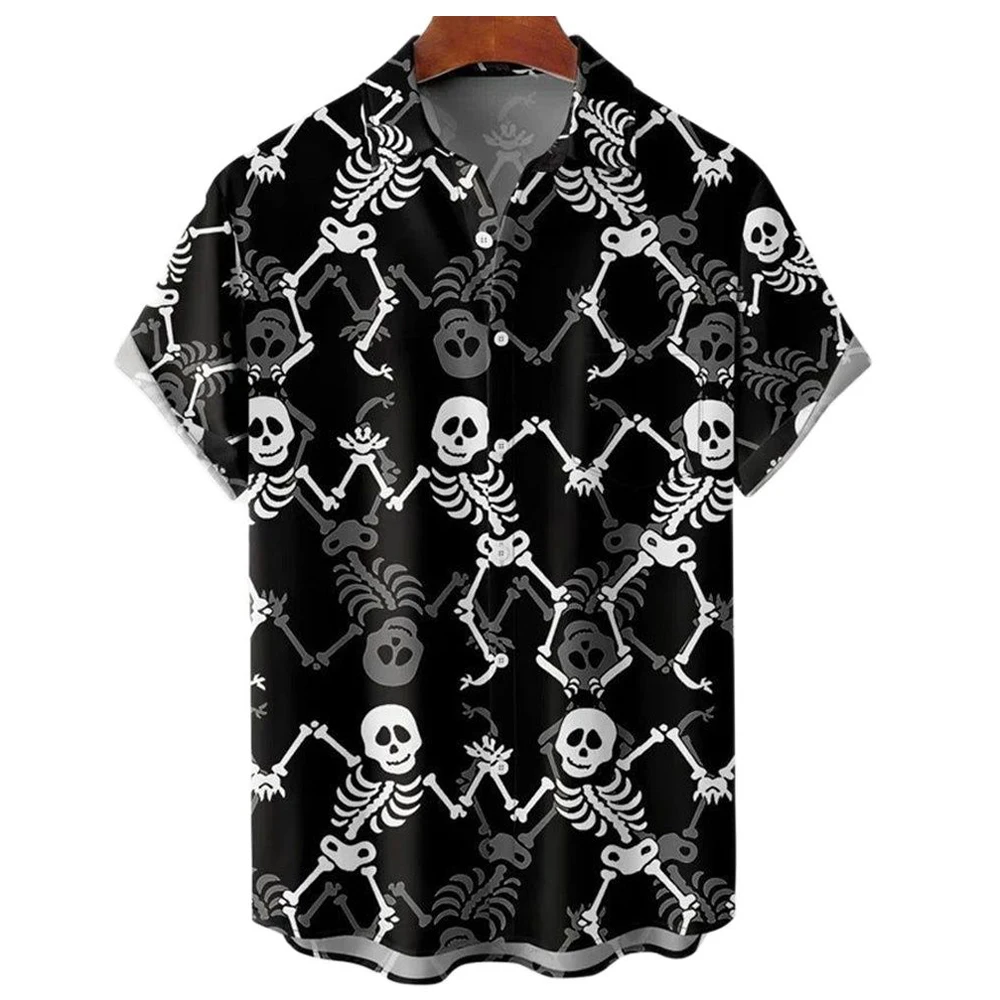 Esqueleto Camisas Havaianas Homem Trajes Festionos Rua Hip Hop Moda Manga Curta 2023 Camisas De Halloween Para Homens