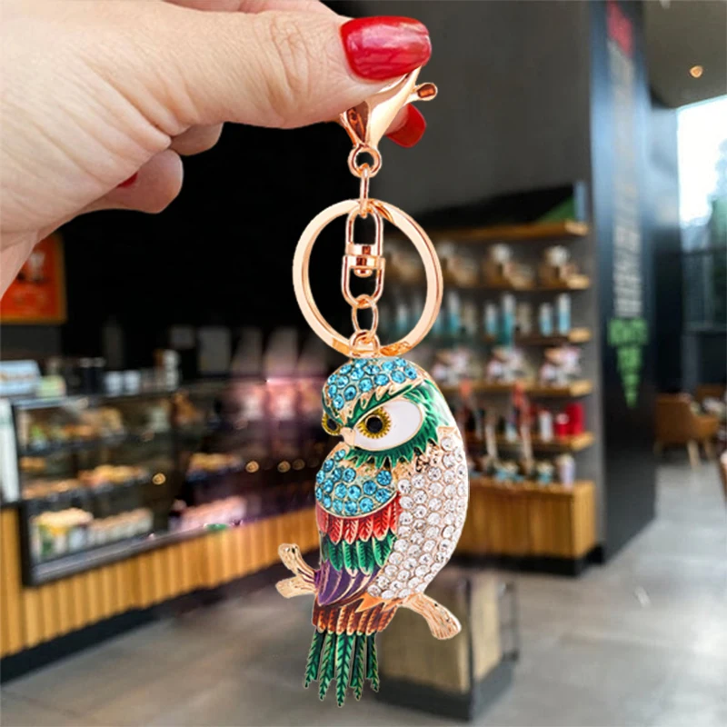 New Cute Crystal Colorful Animal Owl Metal Keychain Car Bag Charm  Accessories For Women Couples Keyring