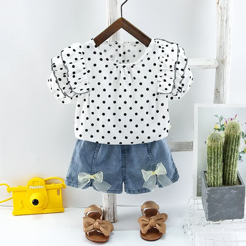 

Summer Baby Girl Clothes 9 To 12 Months Korean Style Polka Dot Short Sleeve T-shirts and Denim Shorts Girls Boutique Outfit Set