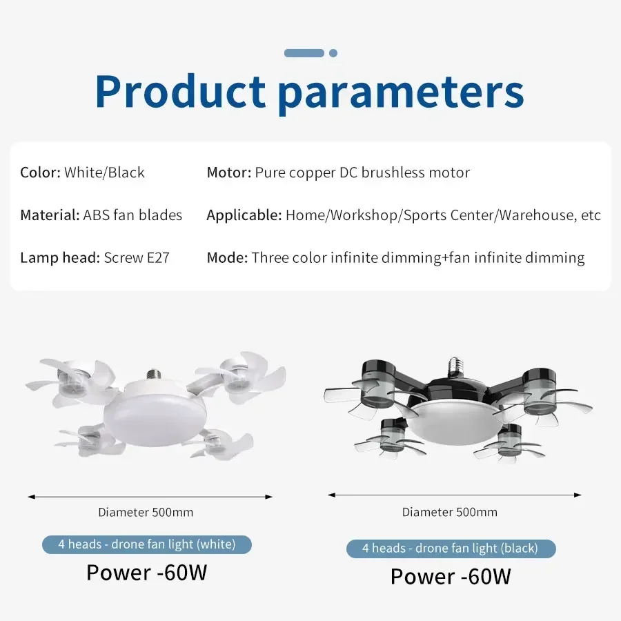 E27 Fan Light 2-in-1 60W  Drone Design Ceiling Fan Light with Remote Control AC85-265V Fan Lighting Bulb for Home Restaurant