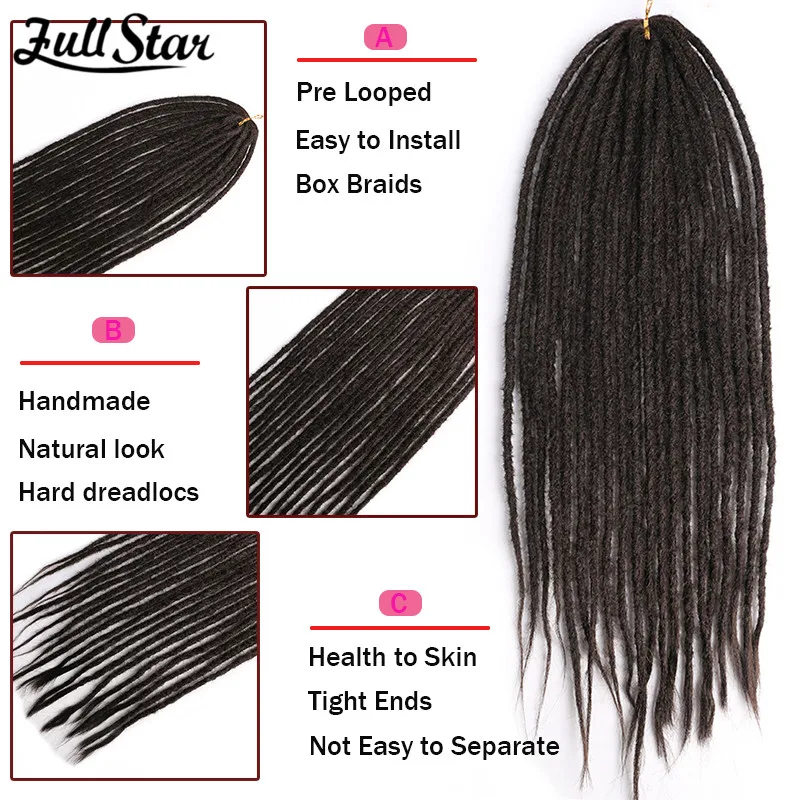 Full Star 24 Inch Handmade Ombre Black Breads Natural Look Fake Dreadlocks Synthetic Crochet Double Ended Faux Locs Extensions 4