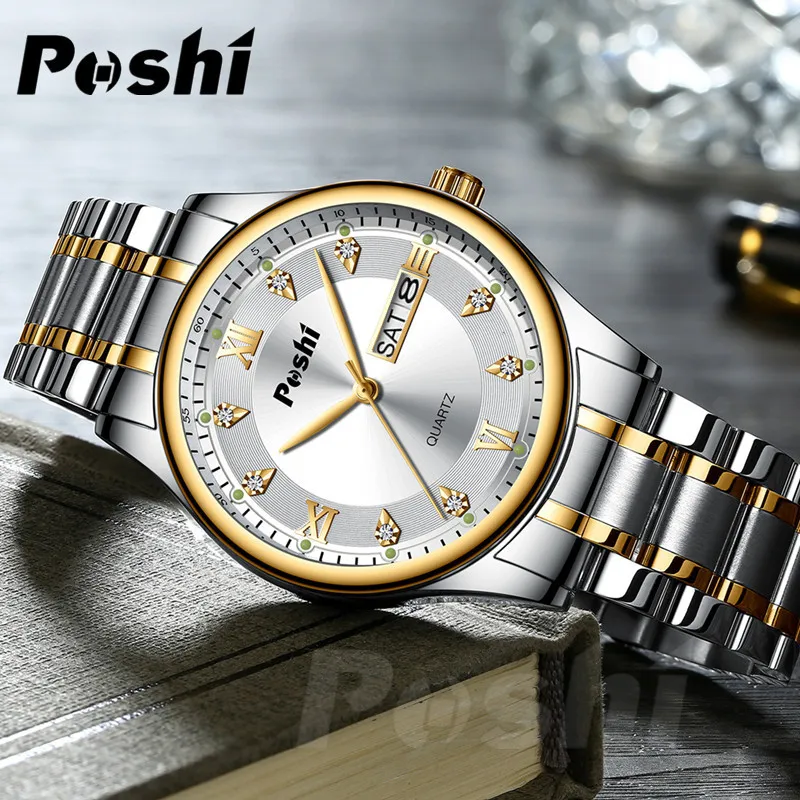 POSHI Men's Luxury Watch for Men Quartz Watches MaleWristwatch Waterproof Luminous Alloy Strap Date Business Clock Man