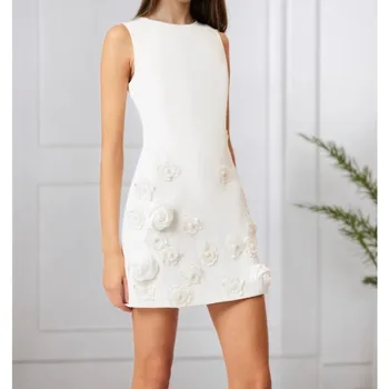 Abito Estivo da Donna in Raso Slim Fit, Elegante, Tinta Unita, di Alta Qualità, Senza Maniche, con Fiori, Gonna Corta a Trapezio