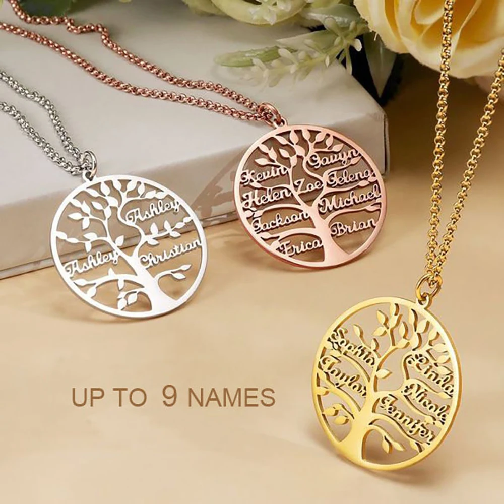 

Personalized Tree of Life Pendant Necklace for Women Custom Family Member Name Stainless Steel Jewelry Choker Gifts Give Parents