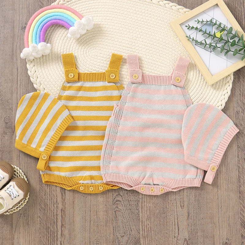 

Newborn Baby Bodysuits Cotton Knitted Infant Girl Boy Jumpsuit Sling Fashion Striped Kid Cothes Hat 2PC Sleeveless Tops Overalls