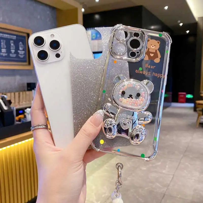 Pearl Glitter Bear Phone Holder Case with Lanyard Strap and Anti-Knock Protection