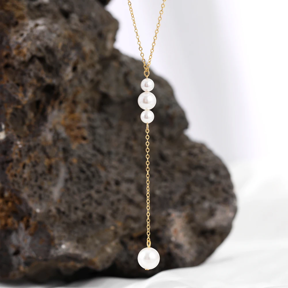 Classy Bride Wedding Pearl Necklace Stainless Steel Thin Metal Chain Long Pearls Pendant Clavicle Choker for Women Trend Jewelry