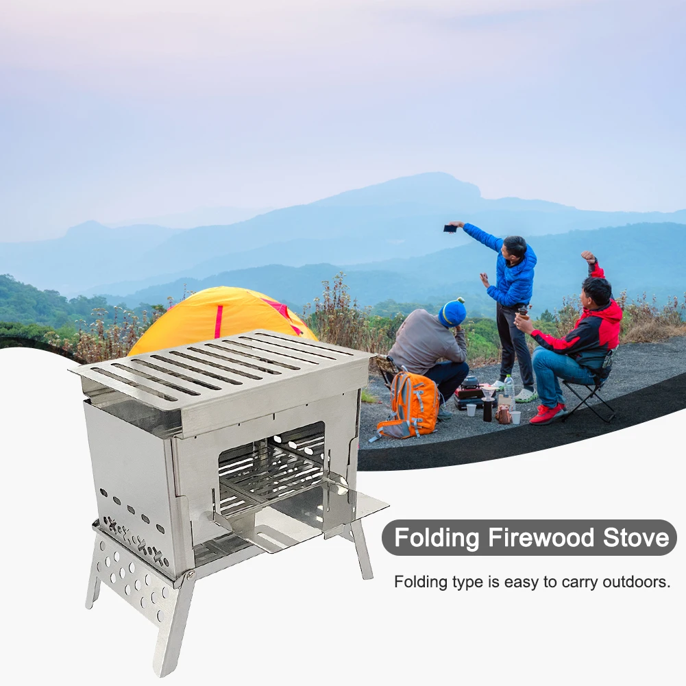 Stainless Steel Barbecue Firewood Stove Multifunction Foldable Barbecue Rack Stove for Backpacking Picnic Survival Cookware Tool